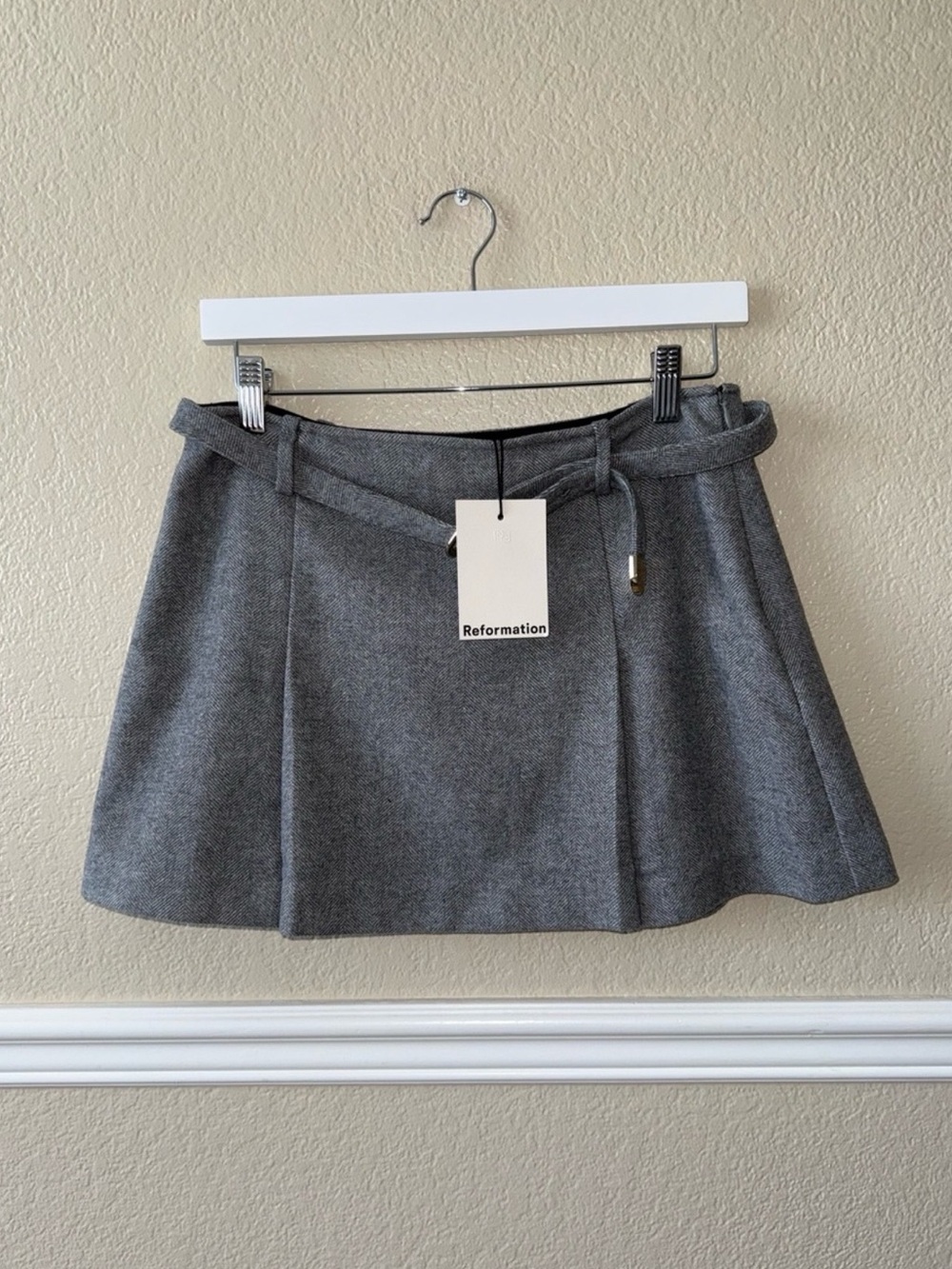 NEW $178 Reformation Wool Rory Skirt 4 Mini Belted Grey Preppy Academia